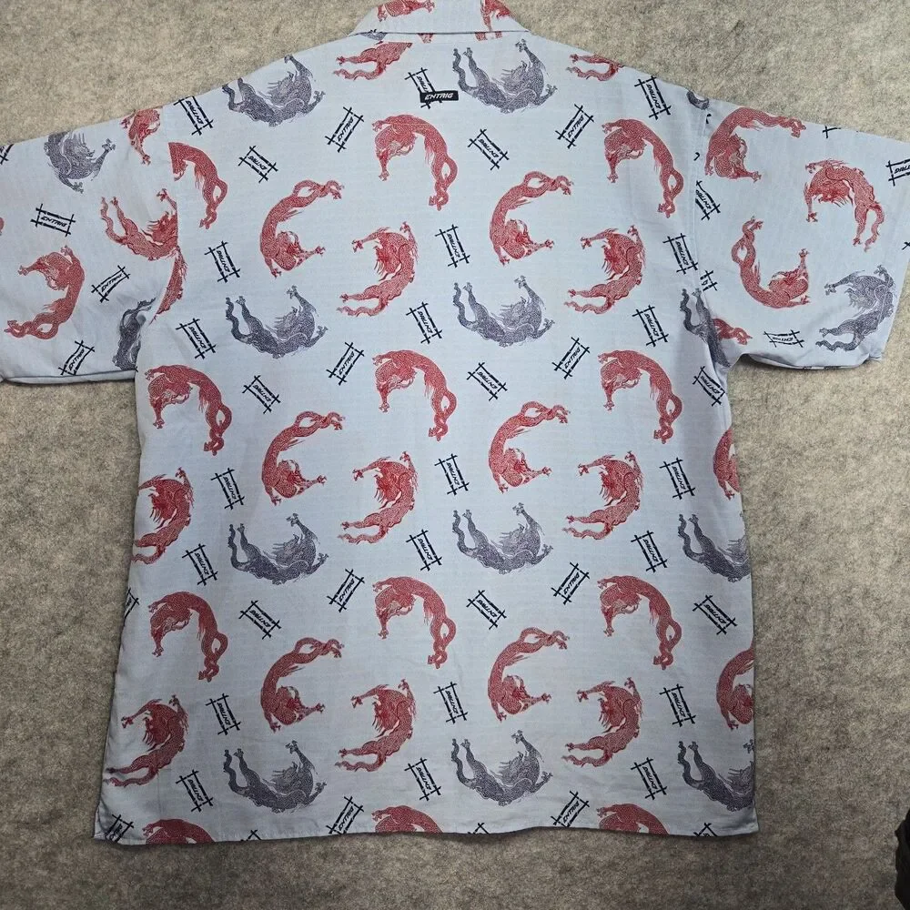 Vintage ENTRIG Dragons Asian Short Sleeve Button Front Casual Shirt Men's XL Y2K